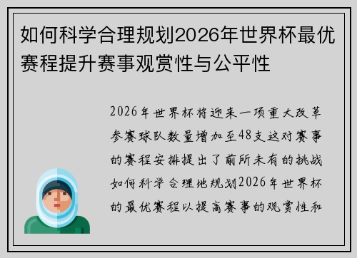 如何科学合理规划2026年世界杯最优赛程提升赛事观赏性与公平性